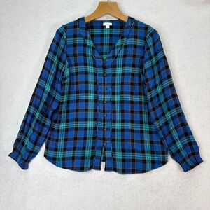 J. Jill Crinkled Blue/Teal Plaid V-Neck Button Front Long Sleeve Blouse Womens M
